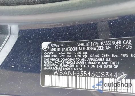 2006 BMW 525 Xi из США, поврежденный, VIN WBANF33546CS34417